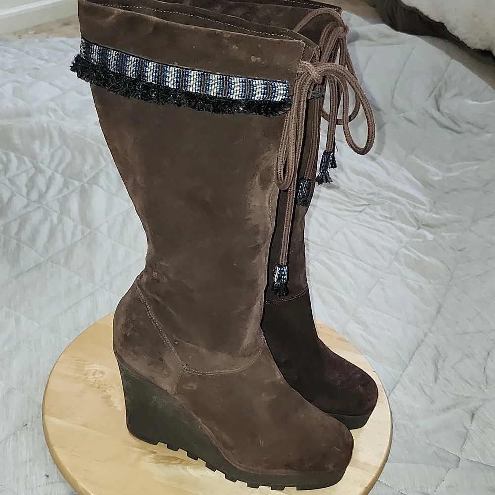 Diane Von Furstenberg Dark Brown Suede Wedge Boots Knee High Womens 10